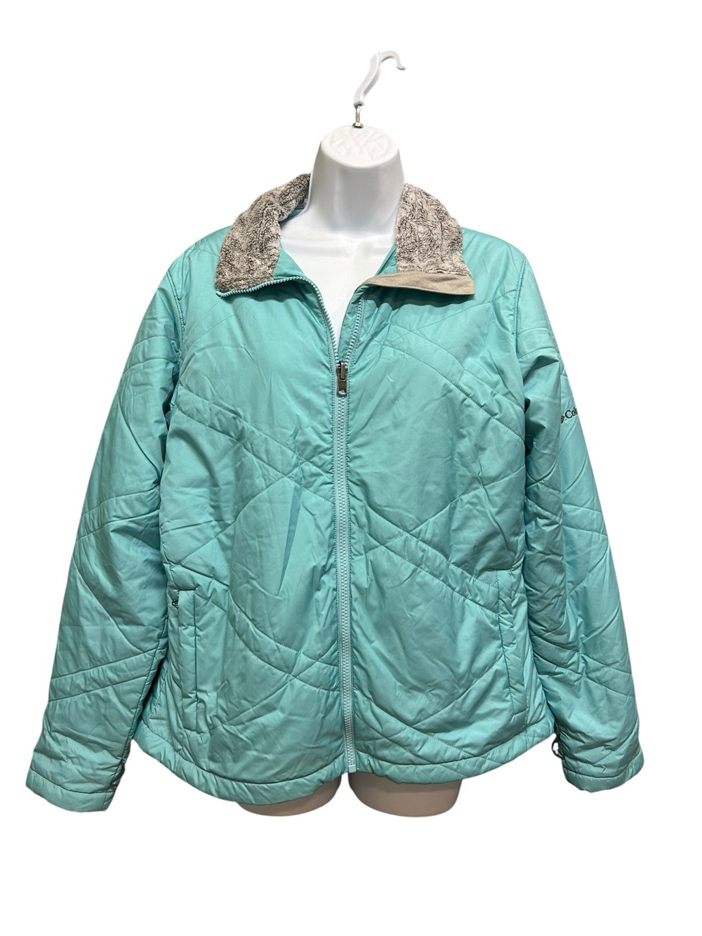 Columbia Blue Interchange Insulated Jacket L Fleece Collar Quilted Puffer